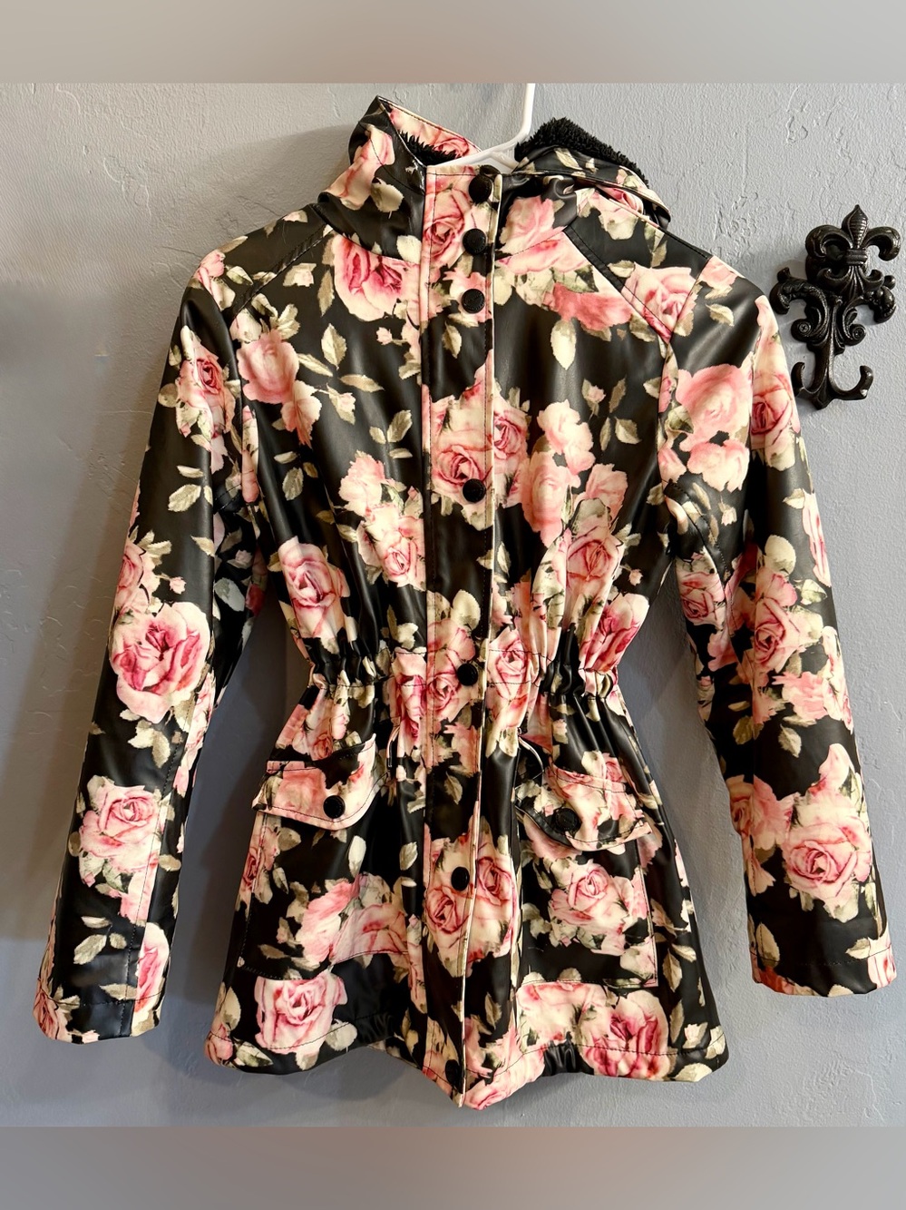 Urban Republic Floral Hooded Trench Coat - Pink on Black